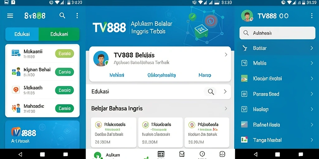 Antarmuka TV888 yang menarik untuk belajar bahasa Inggris.